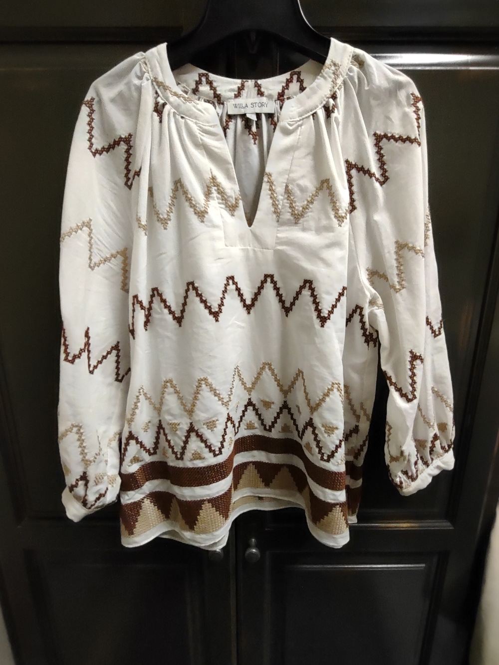 Willa Story Cream Embroidered Zigzag Peasant Top